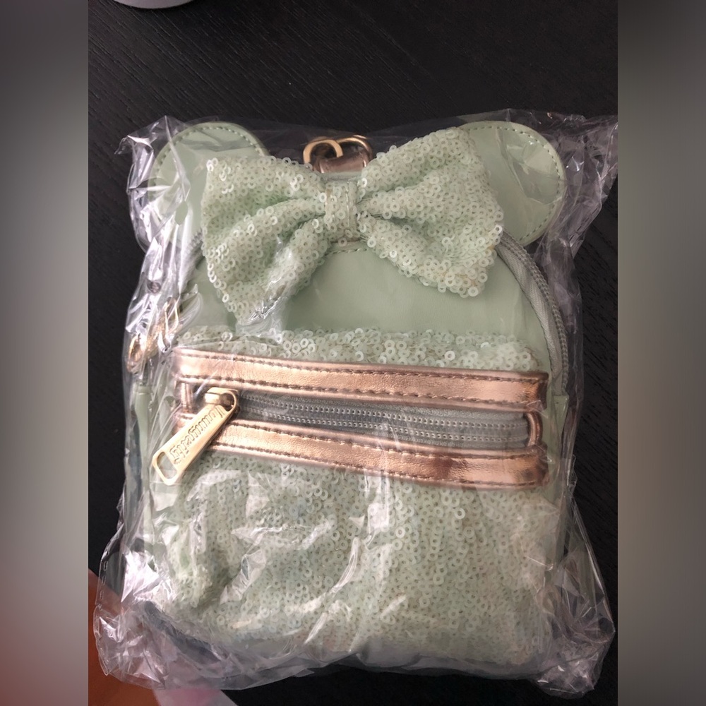 Disney Parks Loungefly Minnie Mouse Bow Mint Green Sequin Mini Backpack Wristlet